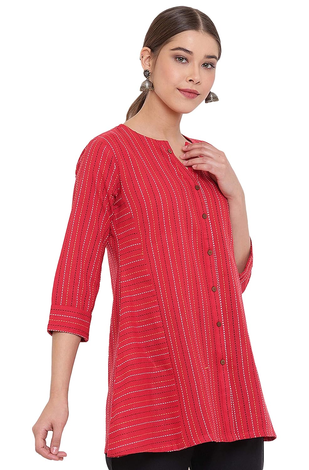 Janasya Women's Red Weaved Cotton A-Line Top