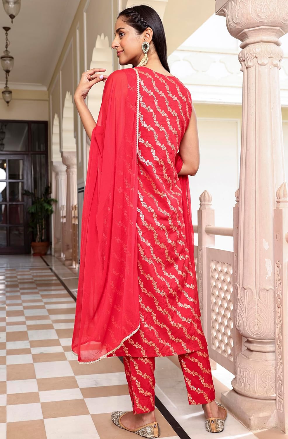 Janasya Women's Red Brocade Woven Design Kurta with Pant and Dupatta