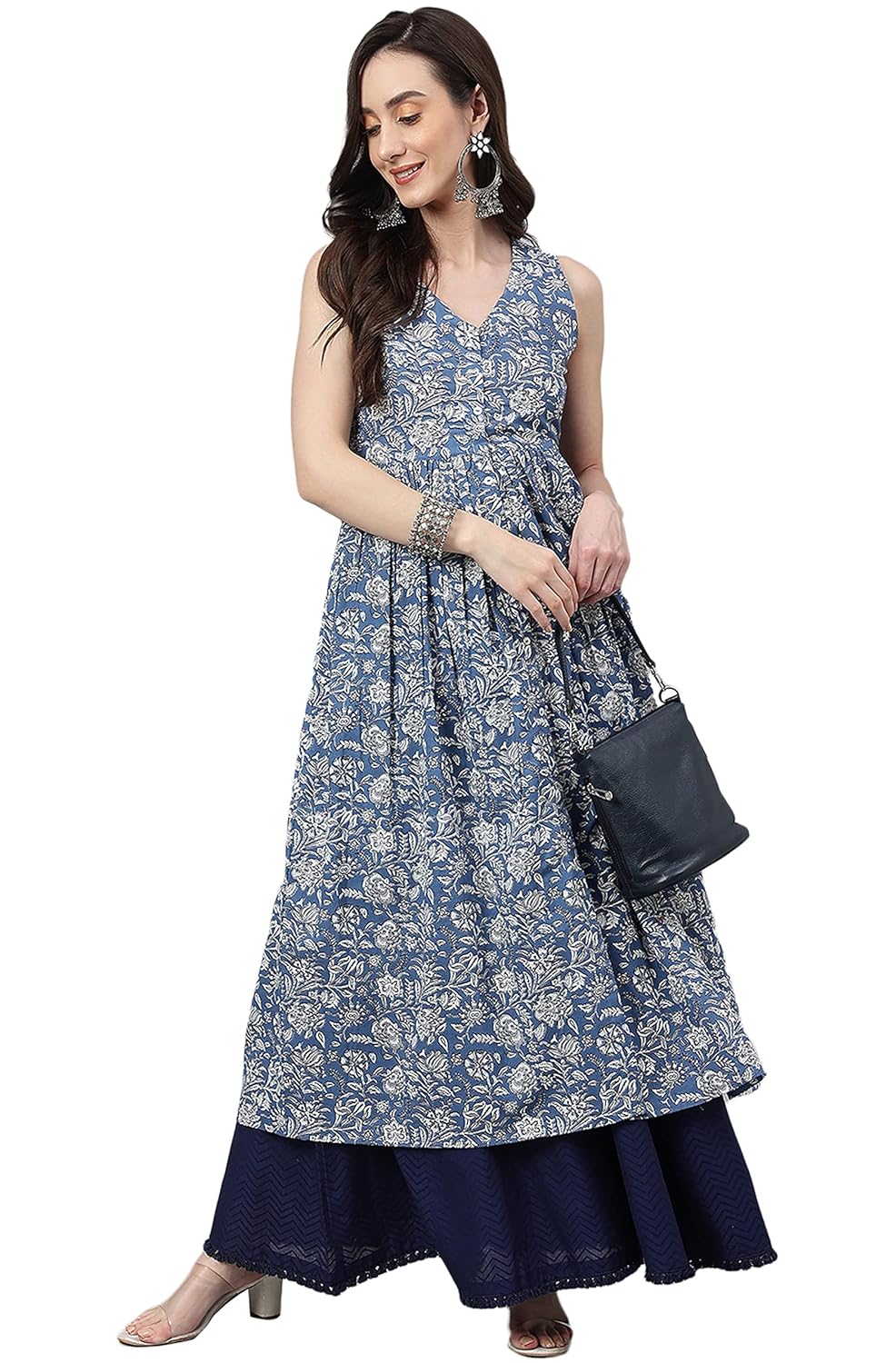 Janasya Women's Blue Cotton Floral Print Flared Kurta