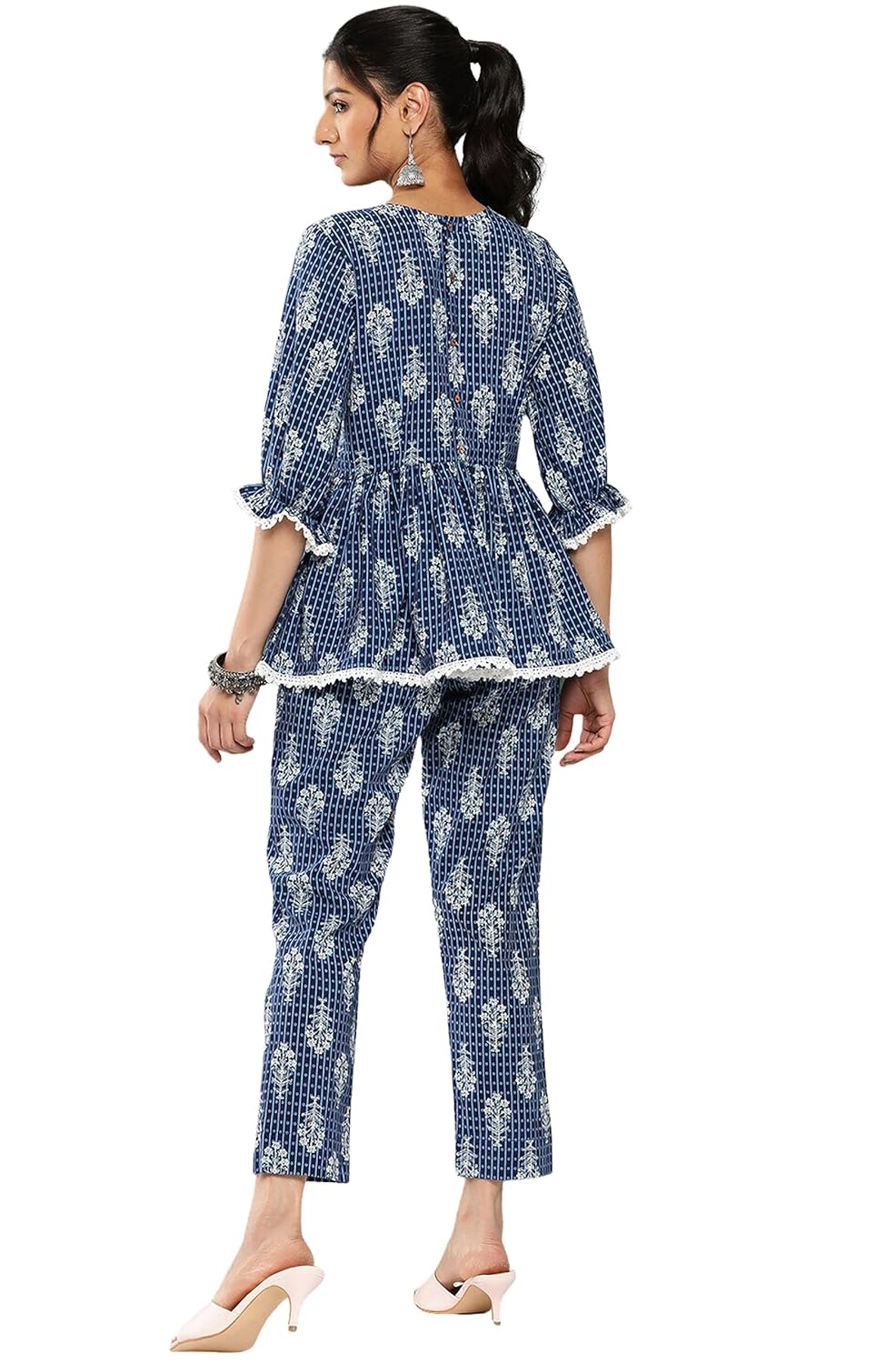 Janasya Women's Blue Cotton Floral Printed Co-ords Set