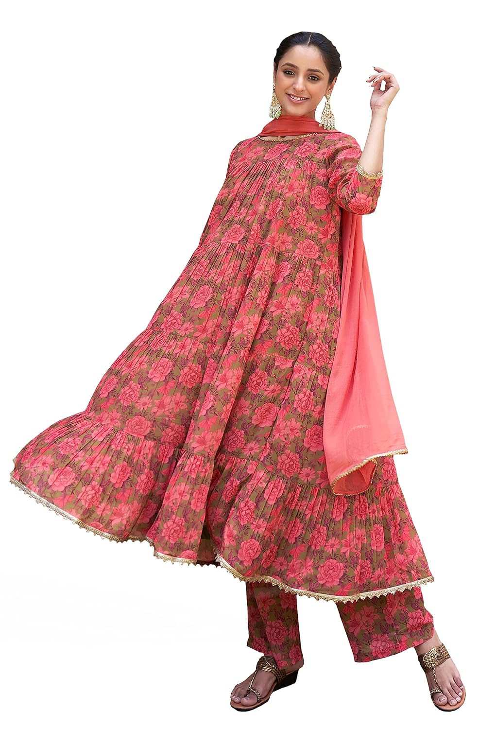 Janasya Women's Georgette Digital Floral Printed Embellished Kurta Set Olive