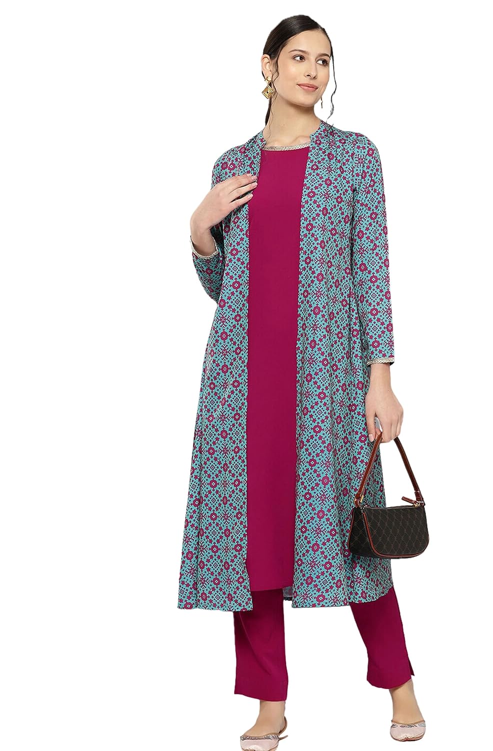 Janasya Women's Pink Crepe Digital Ethnic Printed Jacket Style Kurta with Pant