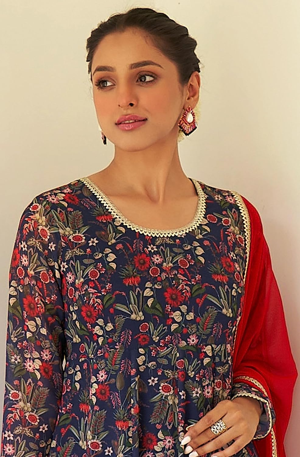 Janasya Women's Dark Blue Georgette Digital Floral Printed Kurta with Palazzo and Dupatta