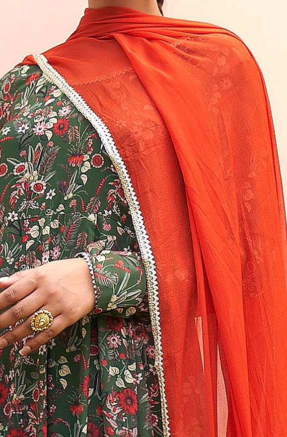 Janasya Women's Bottle Green Georgette Digital Floral Printed Kurta with Palazzo and Dupatta