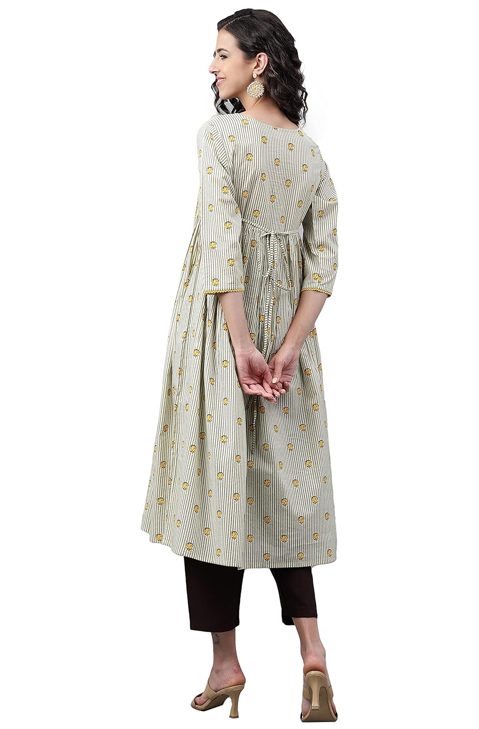 Janasya Women's Light Yellow Cotton Floral Printed Flared Kurta