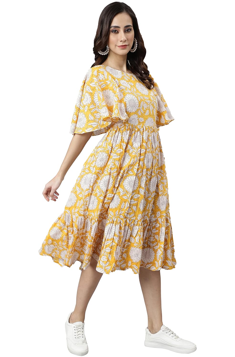 Janasya Women's Yellow Cotton Floral Print Midi Dress