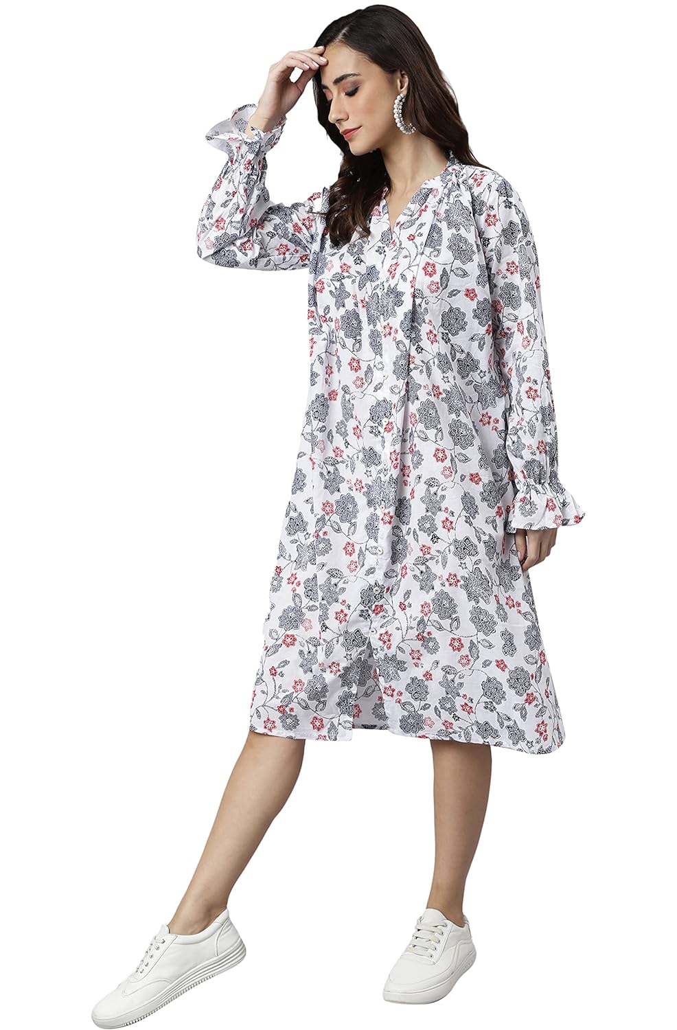 Janasya Women's White Cotton Floral Print Flared Western Dress