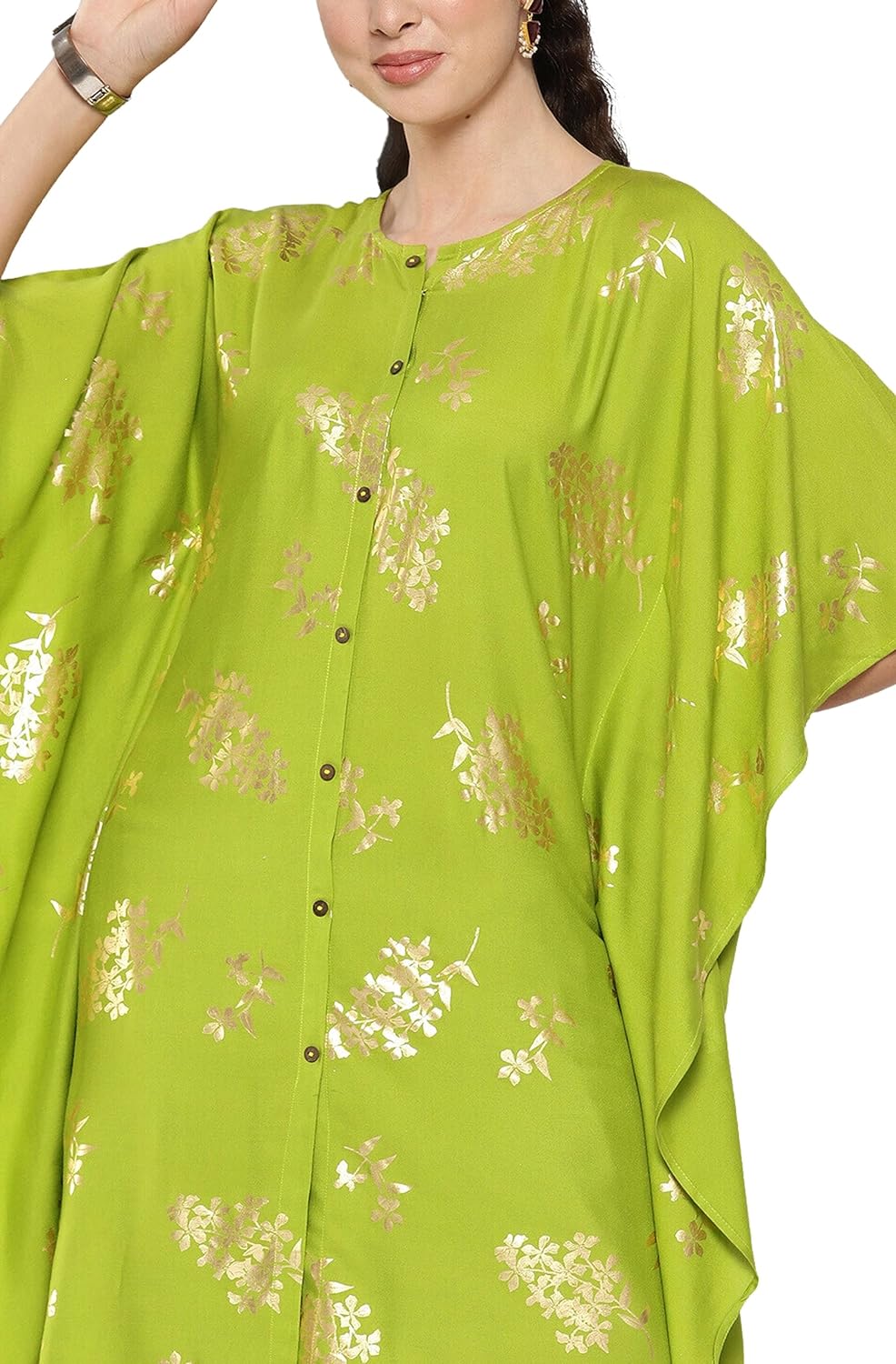 Janasya Women's Lime Green Rayon Foil Printed Kaftan Kaftan Kurta with Tulip Pant