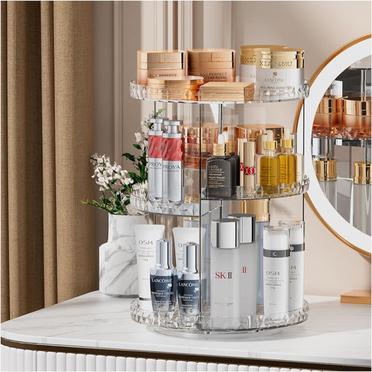 ZHIAI 360 Rotating Makeup Organizer, Large Capacity Cosmetics Organizer for Perfume Holder Organizer Countertop, DIY Adjustable Bathroom Makeup Carousel Holder Rack, Clear Diamond