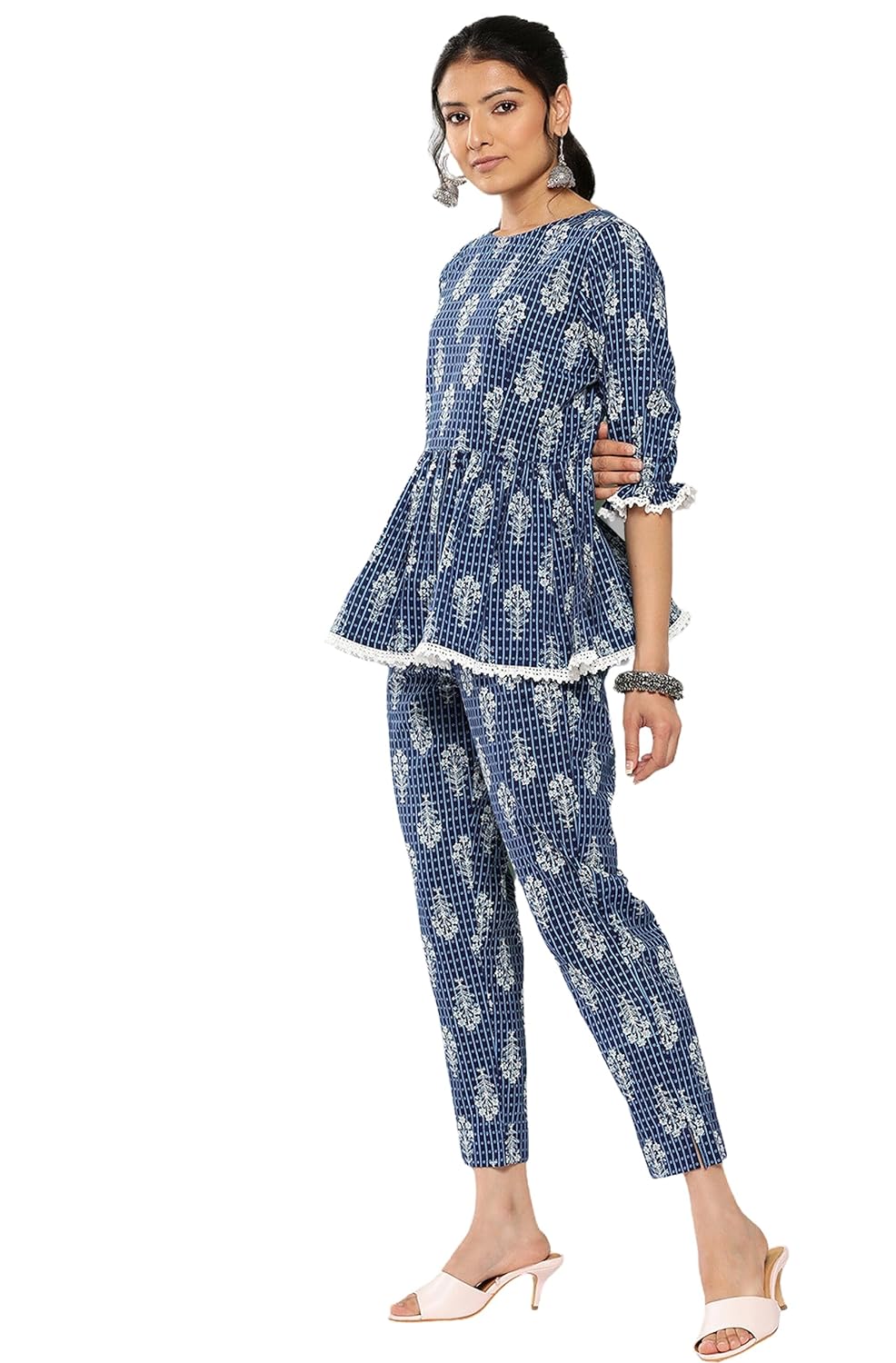 Janasya Women's Blue Cotton Floral Printed Co-ords Set