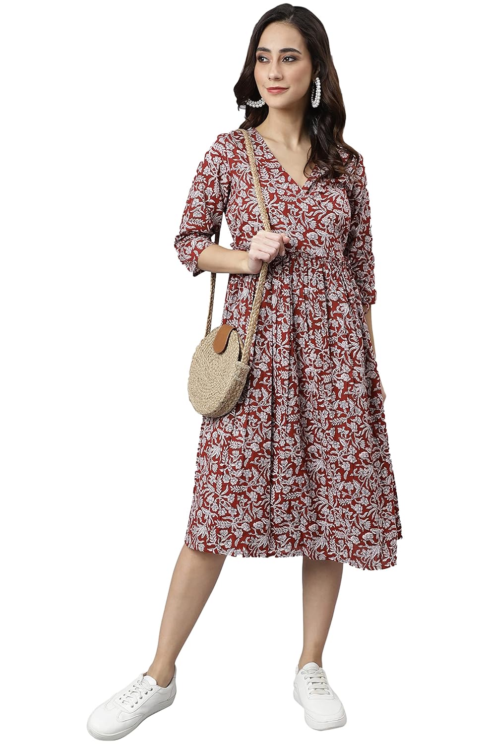 Janasya Women's Maroon Cotton Floral Print Angrakha Dress