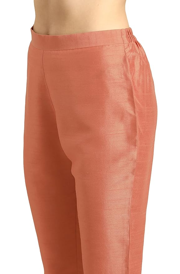 Janasya Women's Peach Poly Silk Kurta With Pant
