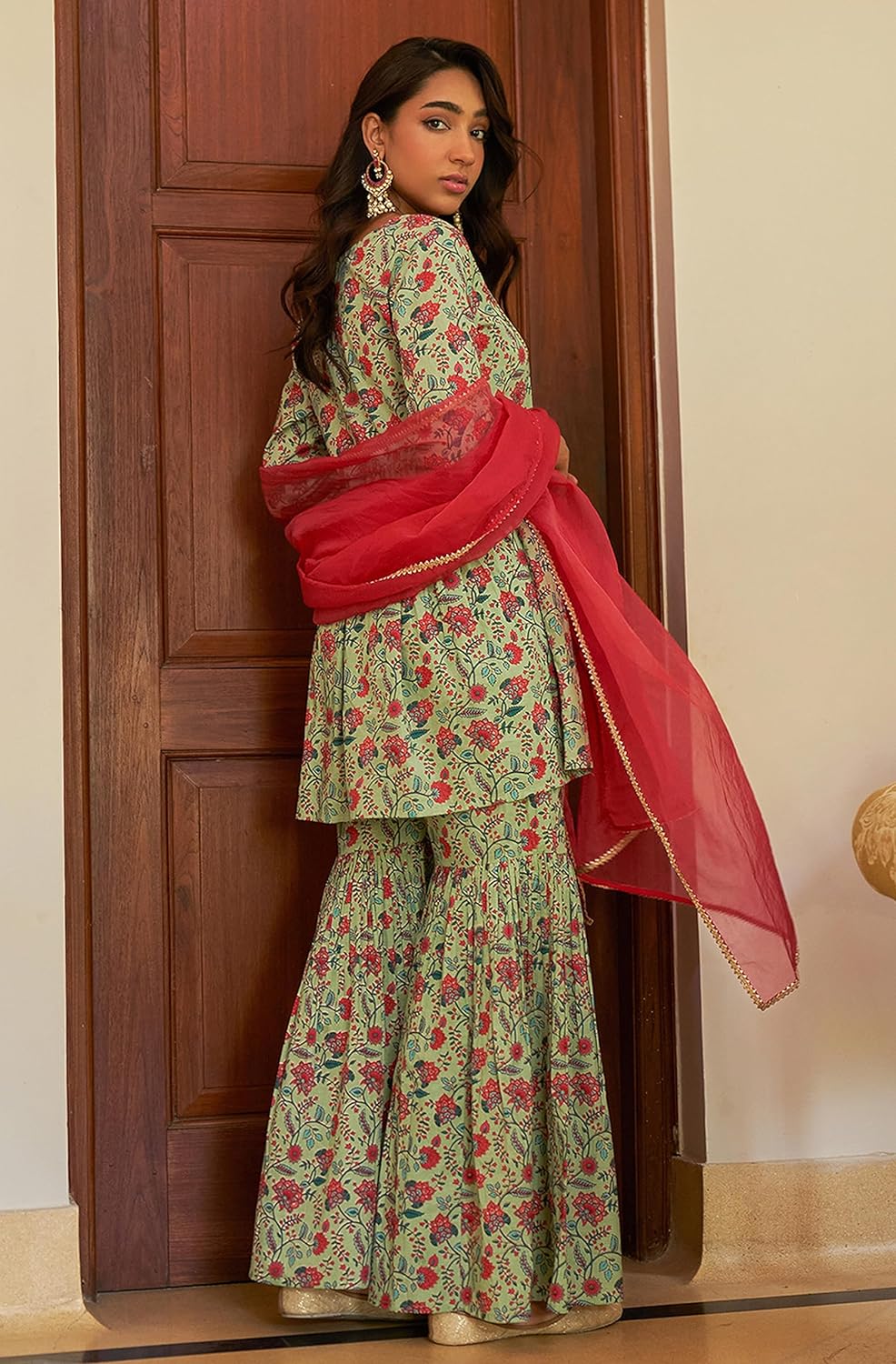 Janasya Women's Light Green Cotton Floral Printed Kurta with Sharara and Dupatta