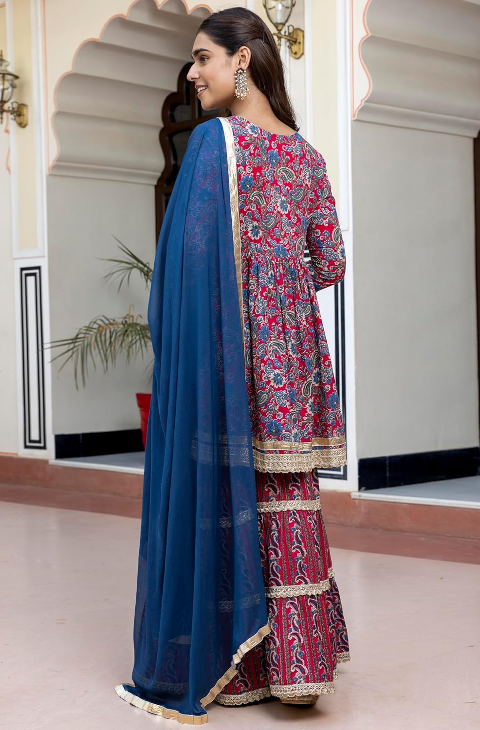 Janasya Women's Wine Cotton Ethnic Printed Kurta with Sharara and Dupatta