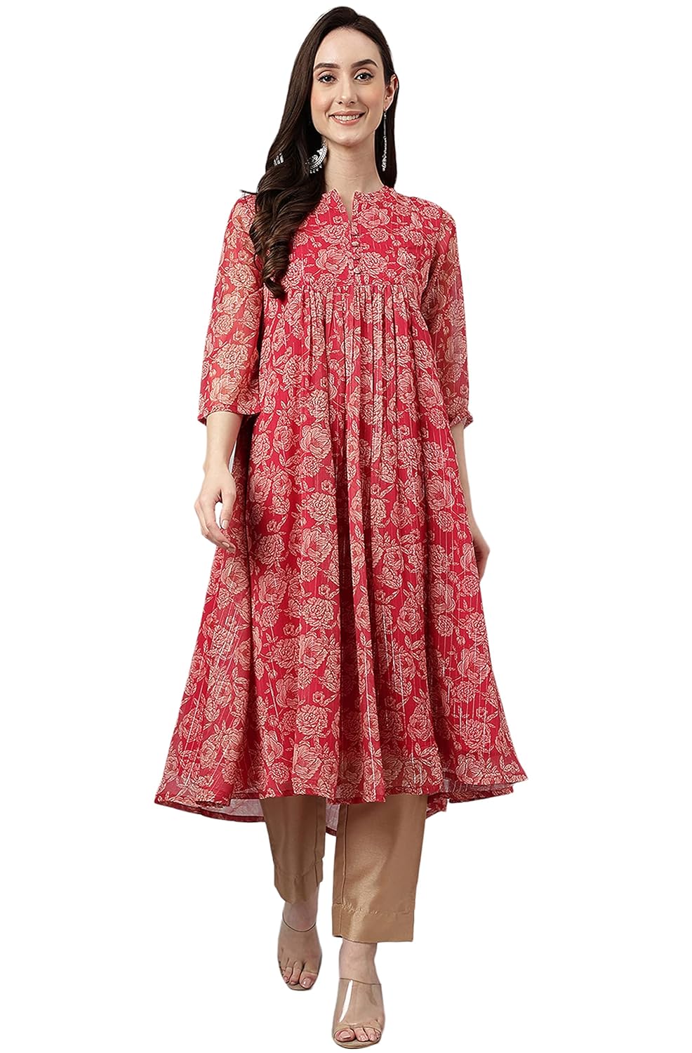 Janasya Women's Dark Pink Chiffon Lurex Floral Printed Flared Kurta