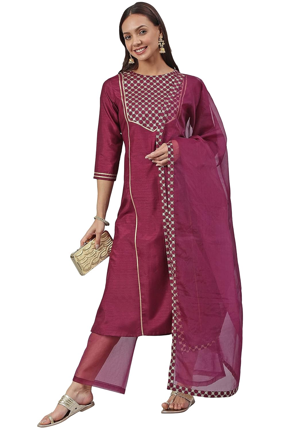 Janasya Women's Wine Poly Silk A-Line Kurta with Palazzo And Dupatta
