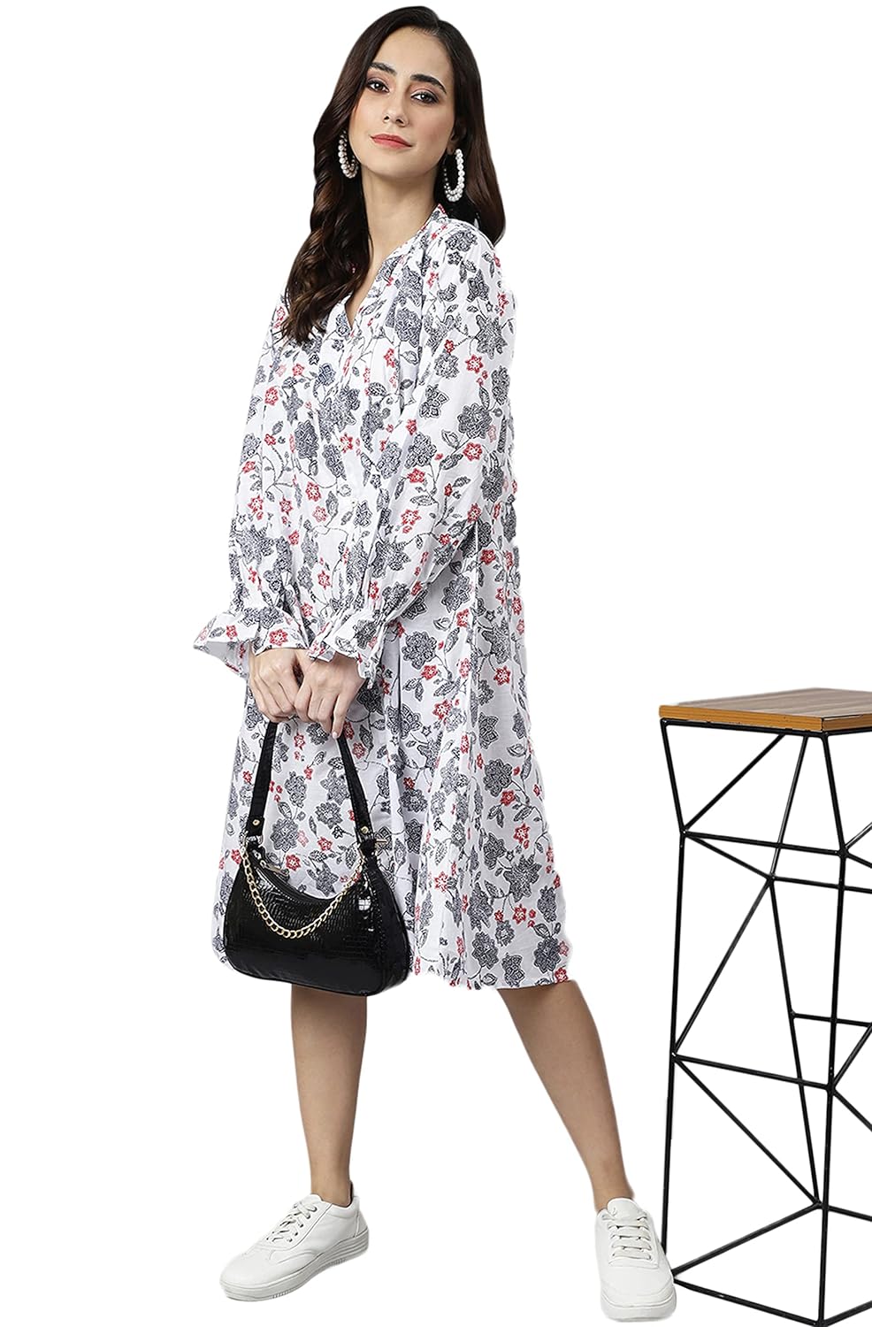 Janasya Women's White Cotton Floral Print Flared Western Dress