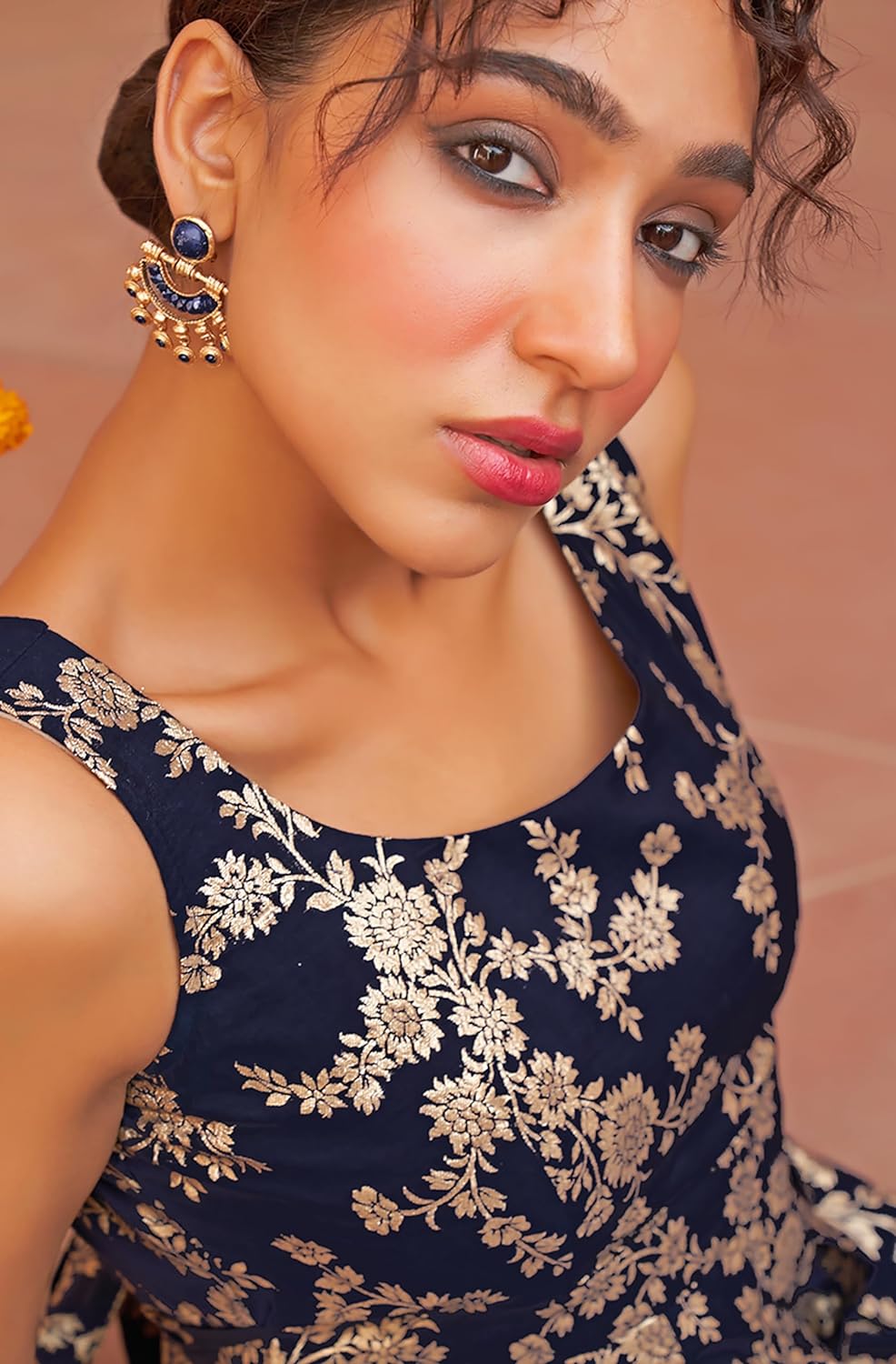 Janasya Women's Navy Blue Brocade Woven Design Flared Dress