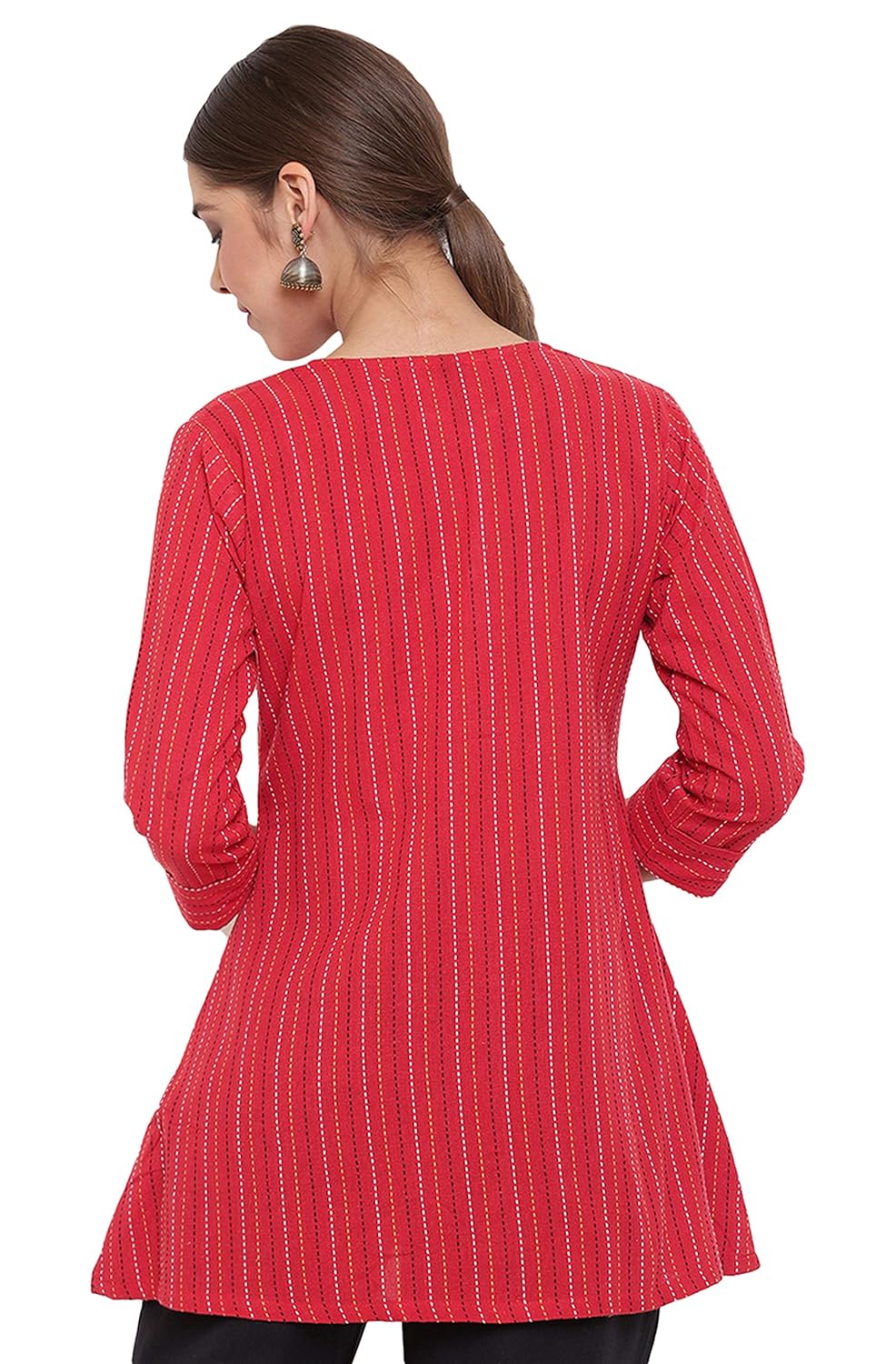 Janasya Women's Red Weaved Cotton A-Line Top