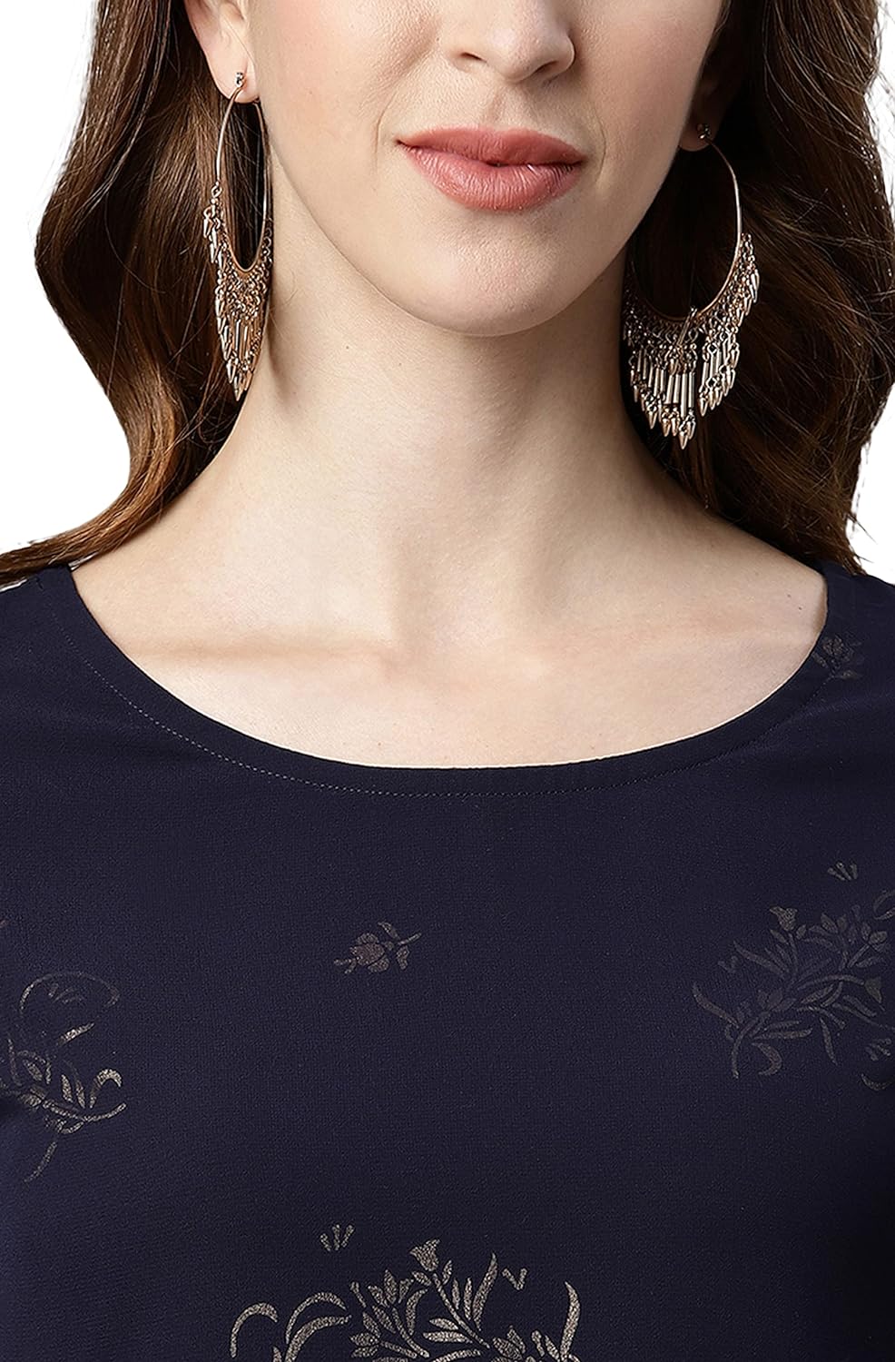 Janasya Women's Navy Blue Poly Crepe Floral Print Flared Kurta