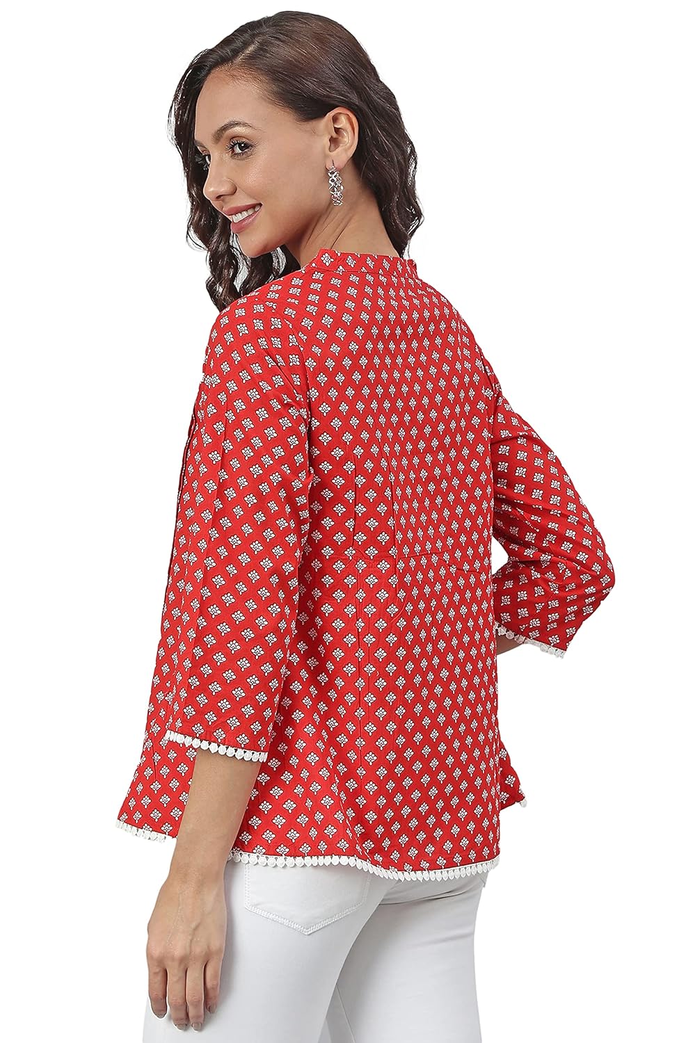 Janasya Women's Red Cotton Floral Print Flared Top