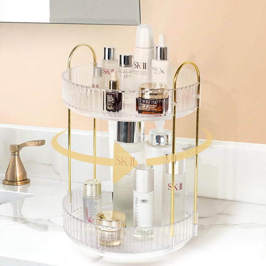 LAIWOO 360¡ Rotating Makeup Organizer, High-Capacity Bathroom Organizer Countertop Skincare Perfume Cosmetics Organizer (2 Tiers, Transparent)