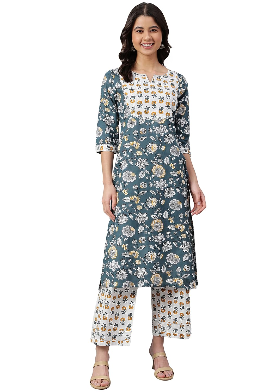 Janasya Women's Teal Cotton Floral Print Kurta with Palazzo