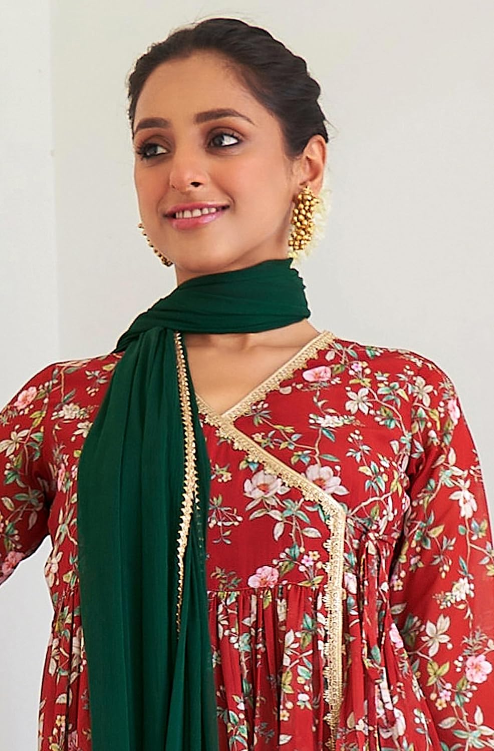 Janasya Women's Georgette Digital Floral Printed Embellished Kurta Set Maroon