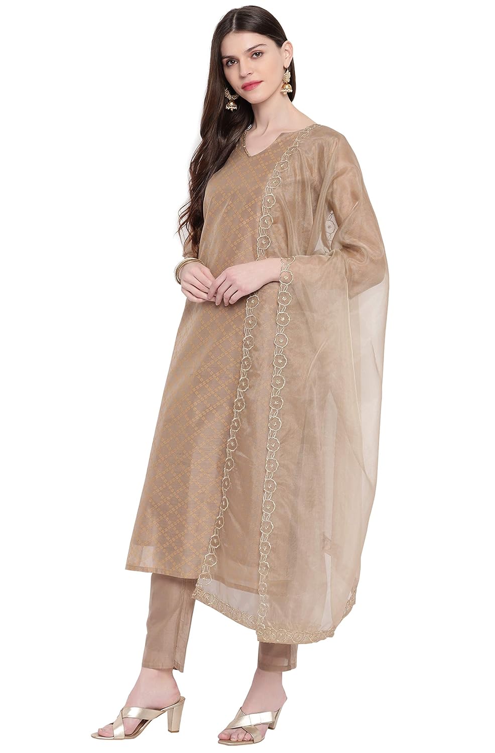 Janasya Women's Light Brown Poly Chanderi Kurta With Pant and Dupatta