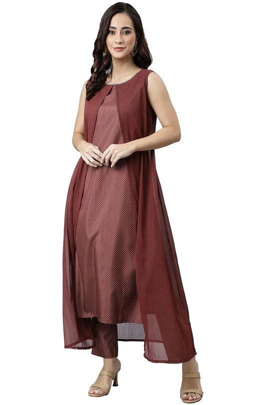 Janasya Women's Brown Poly Silk Foil Print Kurta with Pant