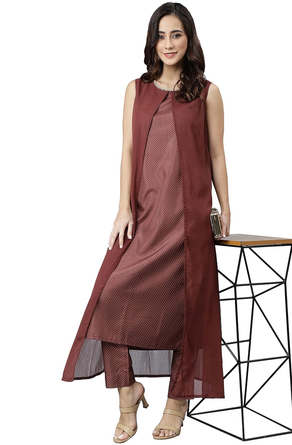 Janasya Women's Brown Poly Silk Foil Print Kurta with Pant