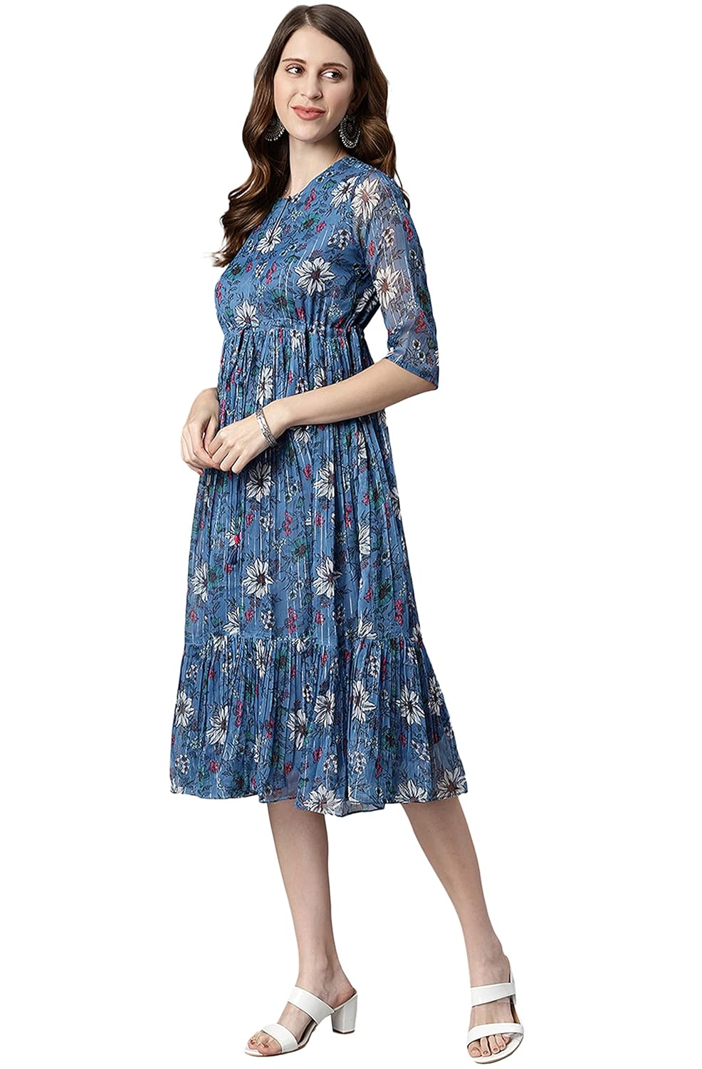 Janasya Women's Blue Poly Georgette Floral Flared Western Dress