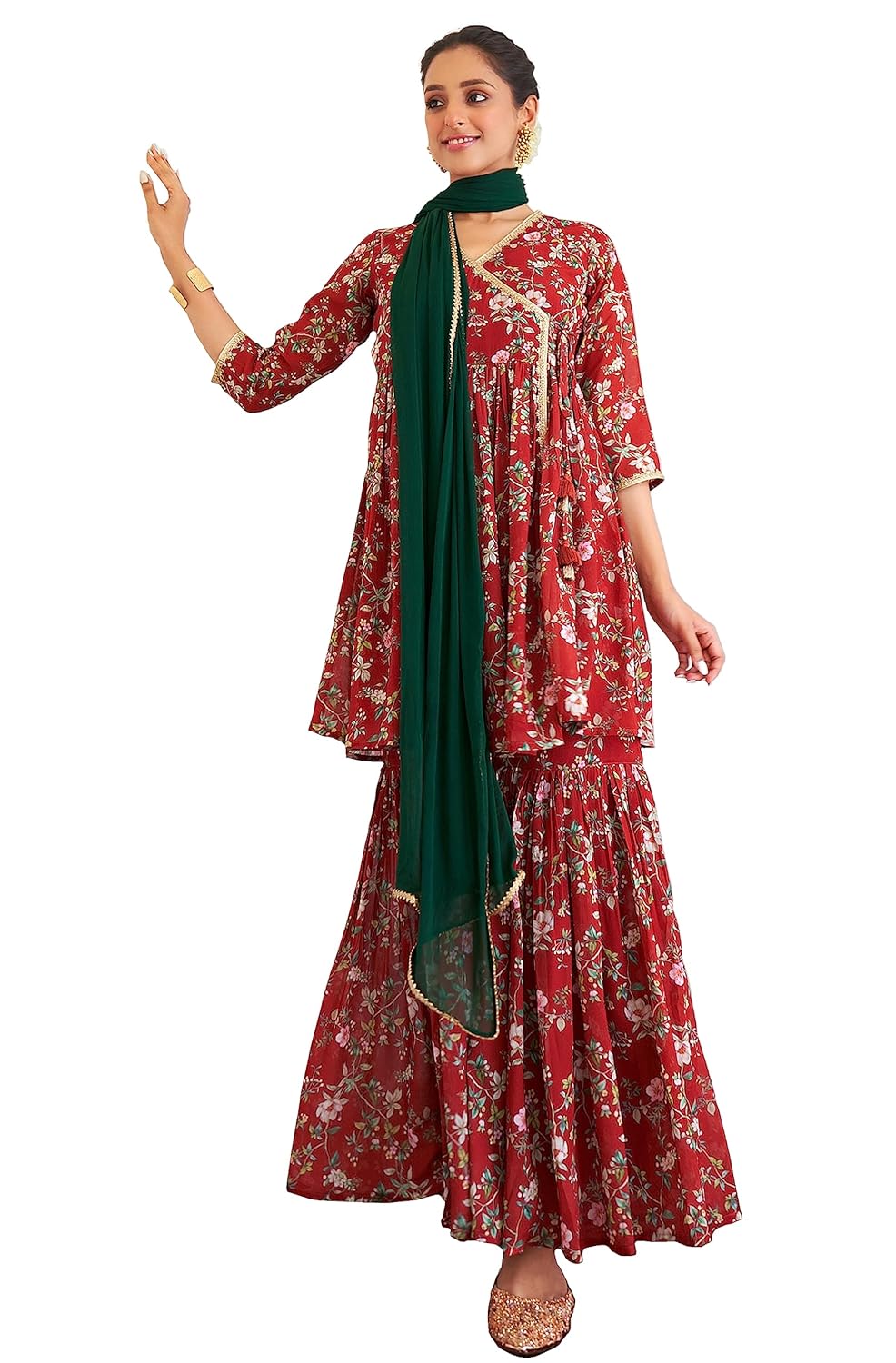 Janasya Women's Georgette Digital Floral Printed Embellished Kurta Set Maroon