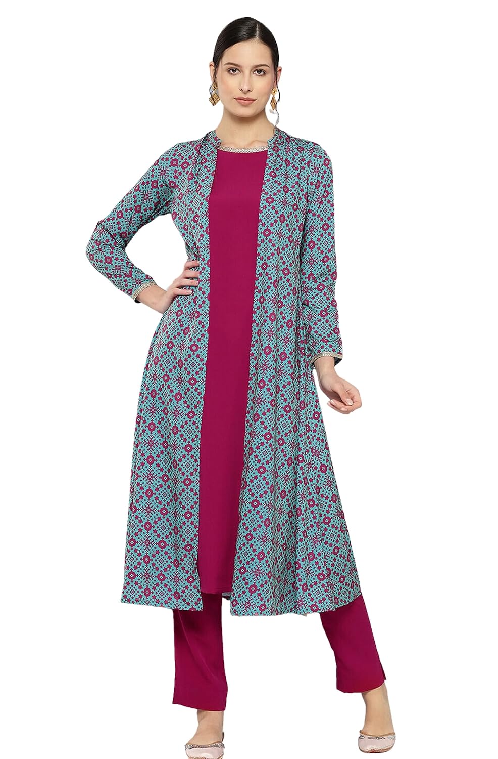 Janasya Women's Pink Crepe Digital Ethnic Printed Jacket Style Kurta with Pant