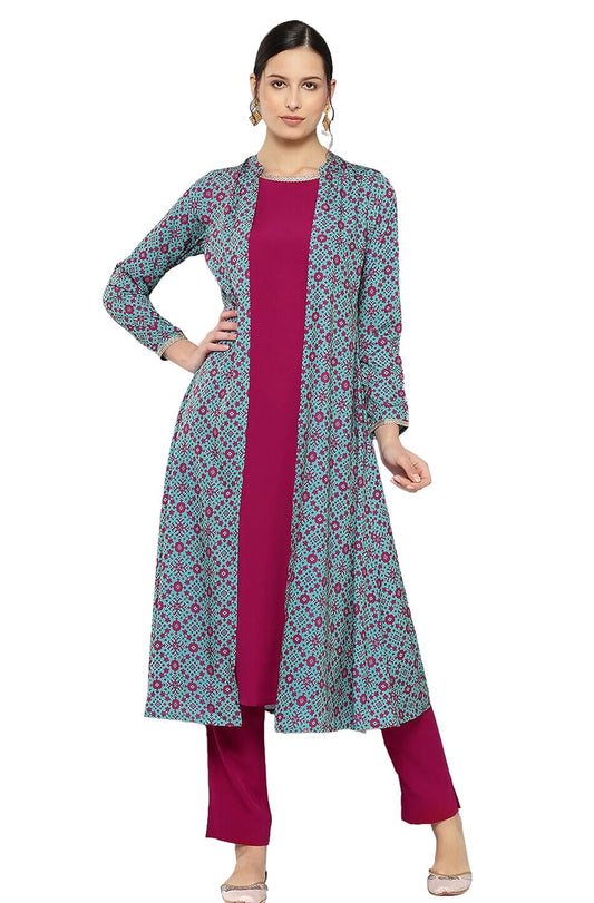 Janasya Women's Pink Crepe Digital Ethnic Printed Jacket Style Kurta with Pant