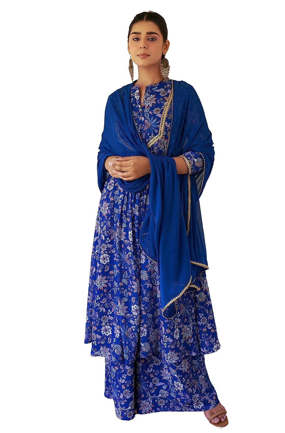 Janasya Women's Georgette Digital Floral Printed Embellished Kurta Set Dark Blue