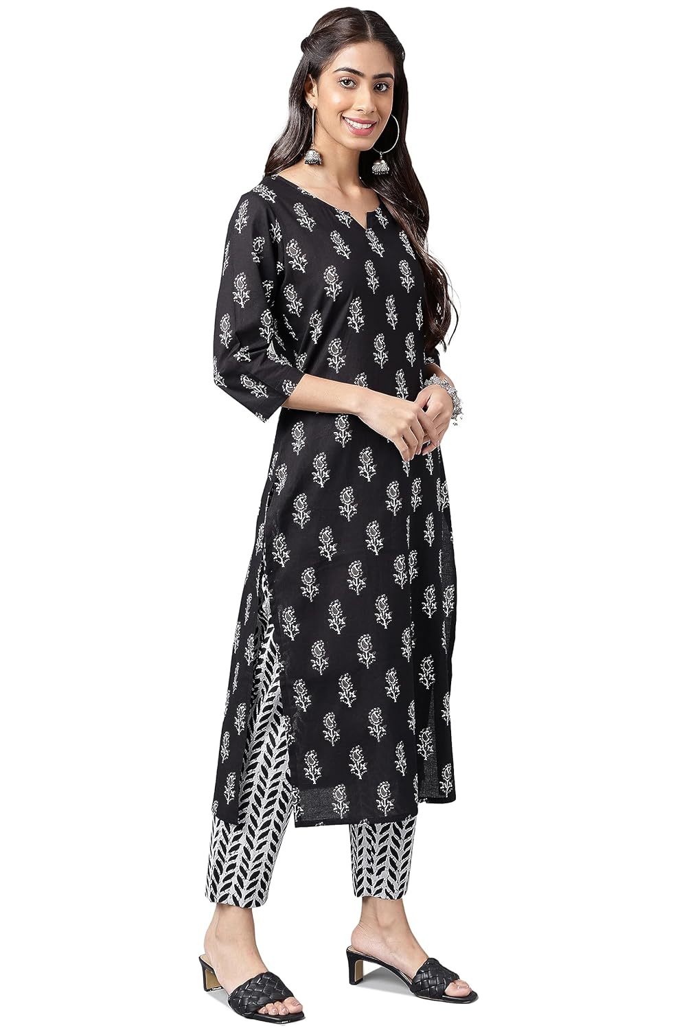 Janasya Women's Black Cotton Paisley Printed Kurta with Pants
