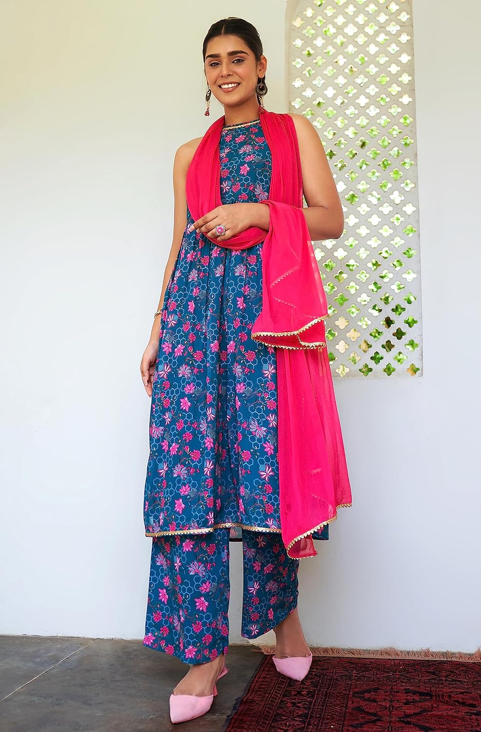 Janasya Women's Georgette Digital Floral Printed Embellished Kurta Set Teal