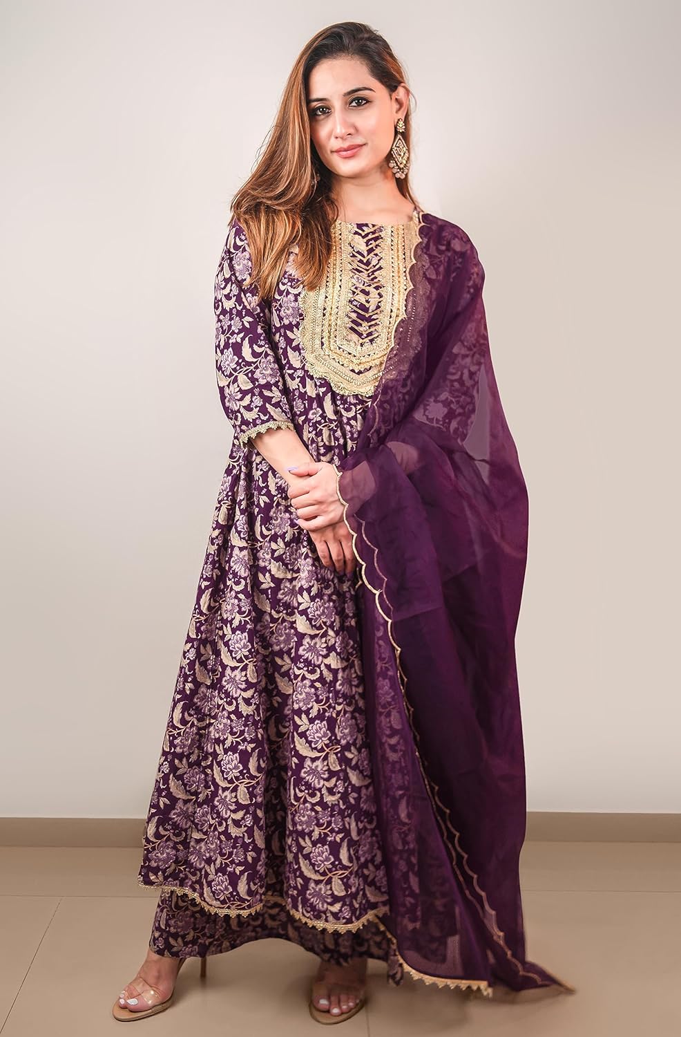 Janasya Women's Voilet Cotton Floral Printed Kurta with Palazzo and Dupatta