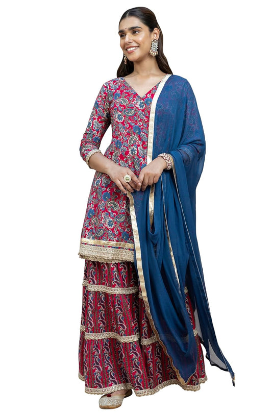 Janasya Women's Wine Cotton Ethnic Printed Kurta with Sharara and Dupatta