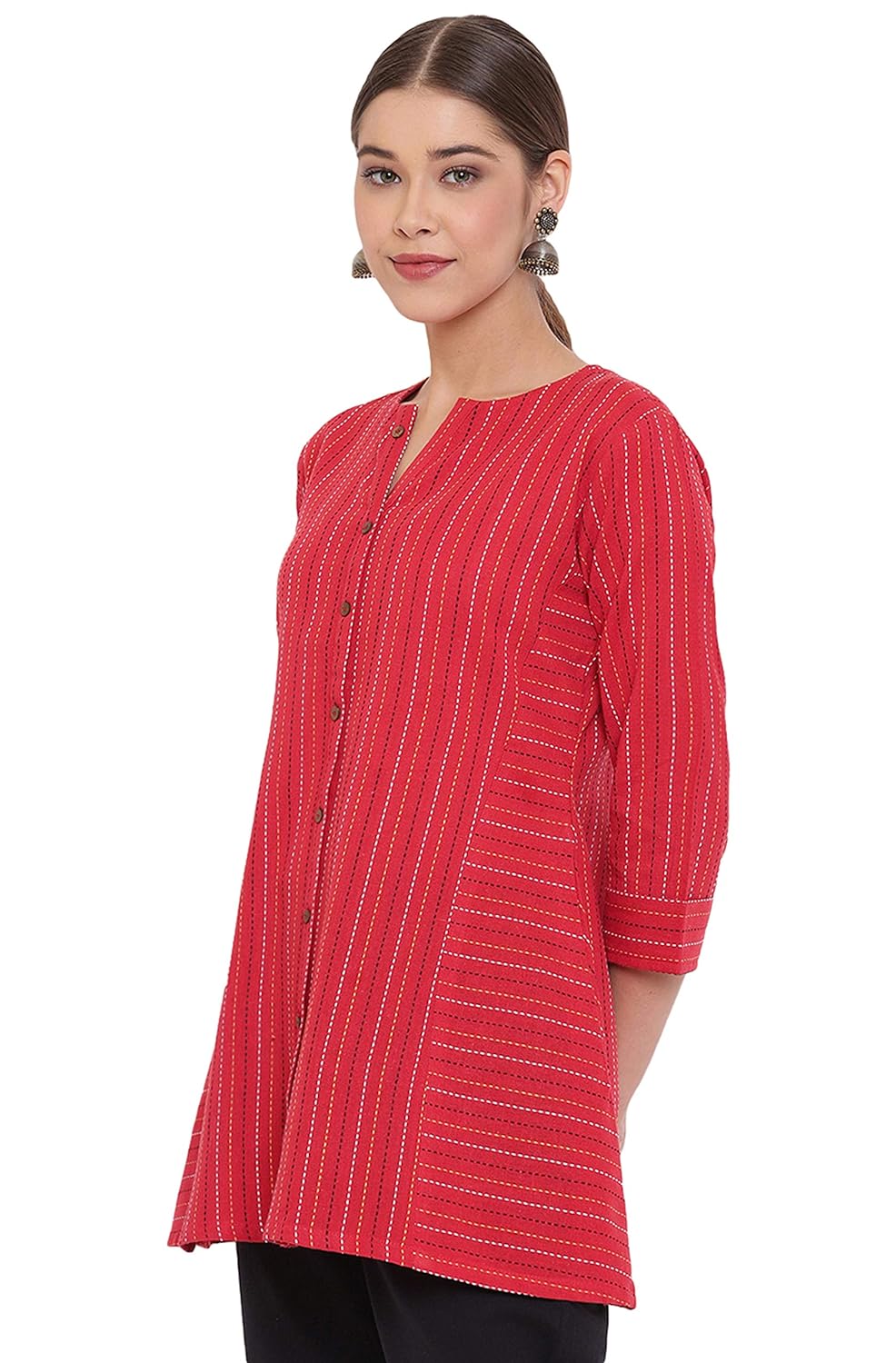 Janasya Women's Red Weaved Cotton A-Line Top