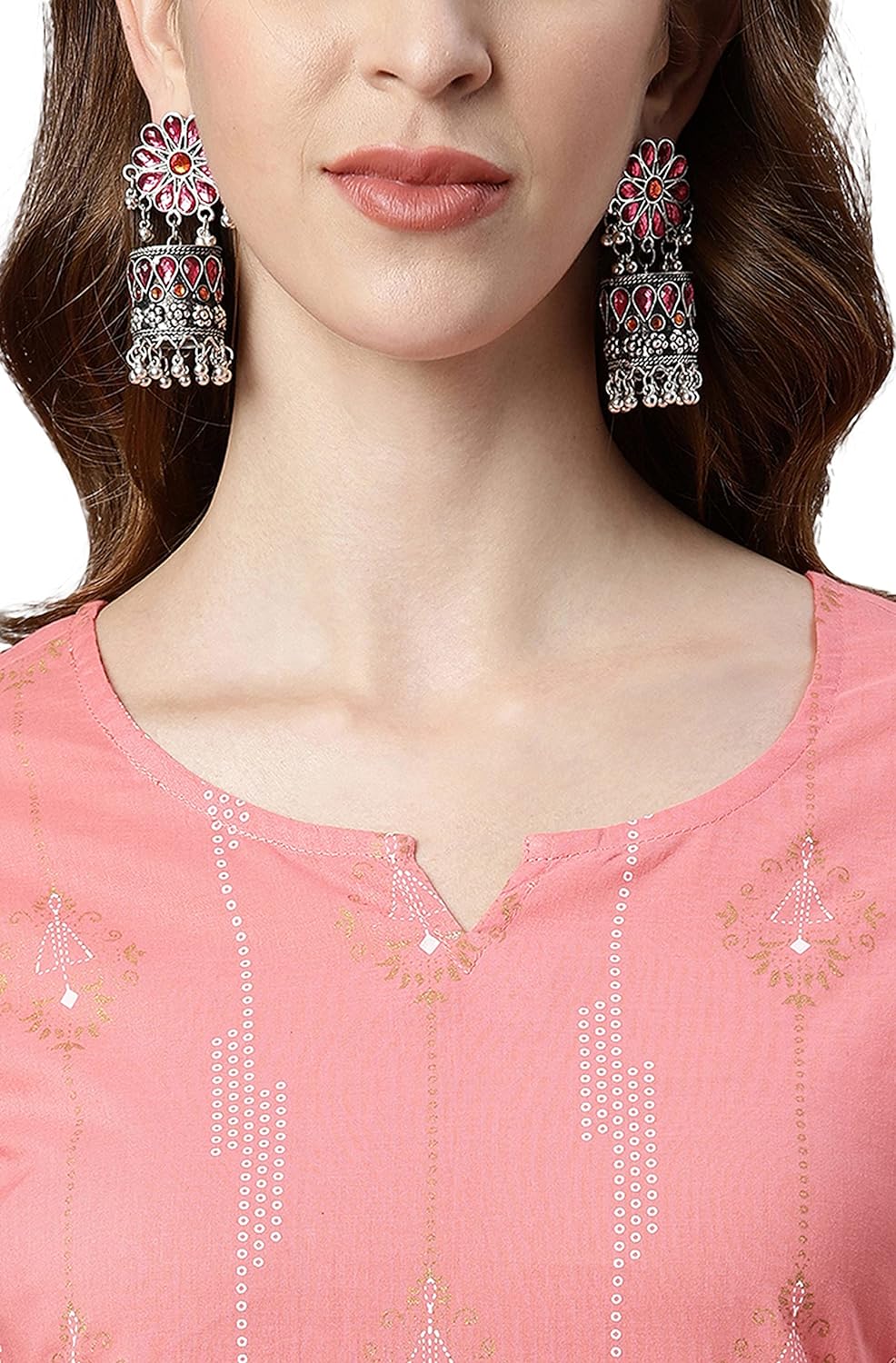 Janasya Women's Blue Cotton Ethnic Motifs Straight Kurta Pink