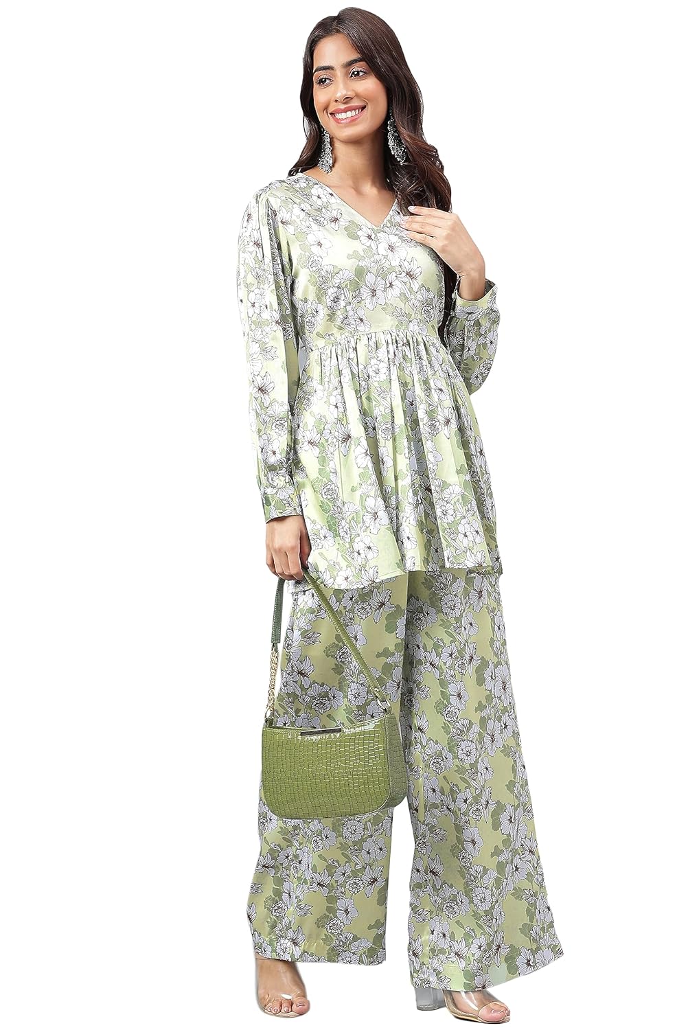 Janasya Women's Sage Green Satin Digital Floral Printed Co-ords Set