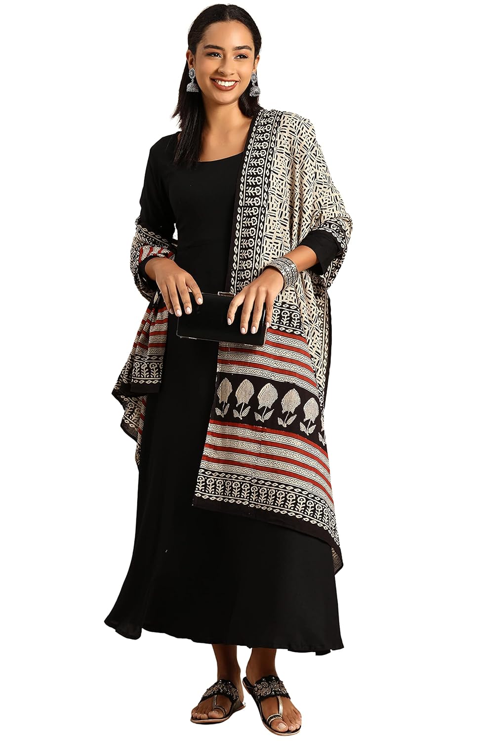 Janasya Women's Black Rayon Kurta with Dupatta