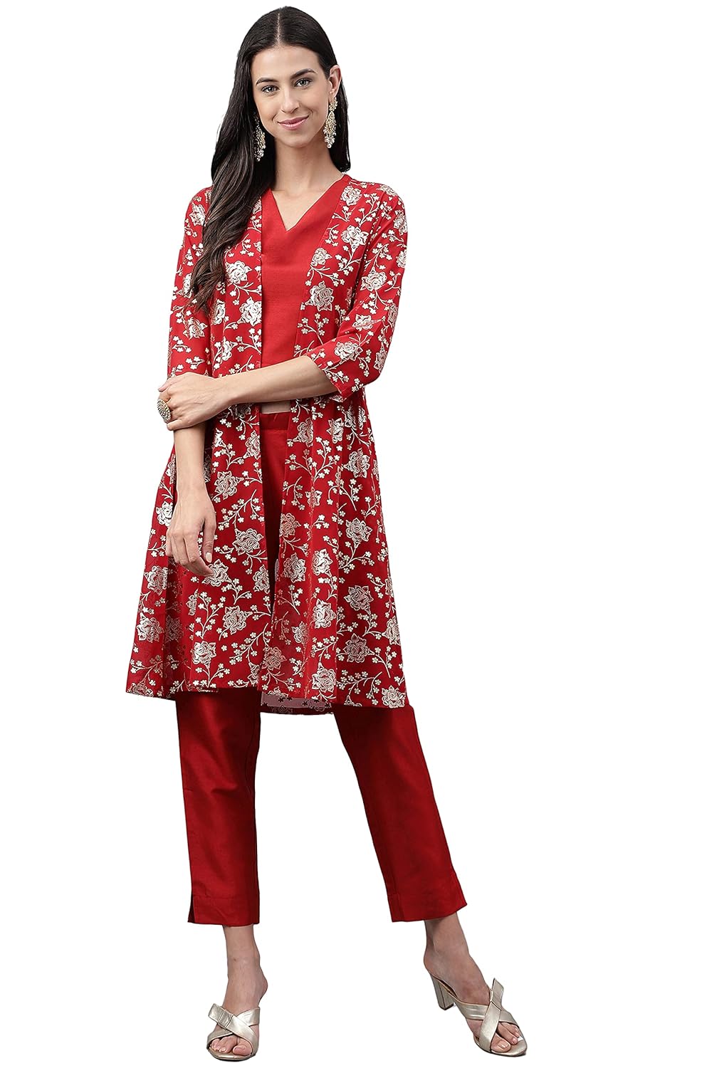 Janasya Women's Red Crepe Silk Solid Top with Pants and Jacket