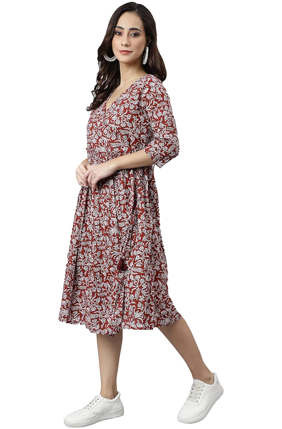 Janasya Women's Maroon Cotton Floral Print Angrakha Dress