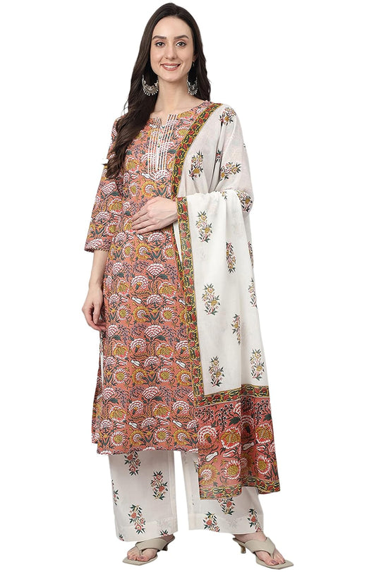 Janasya Women's Pink Cotton Floral Print Kurta with Palazzo and Dupatta