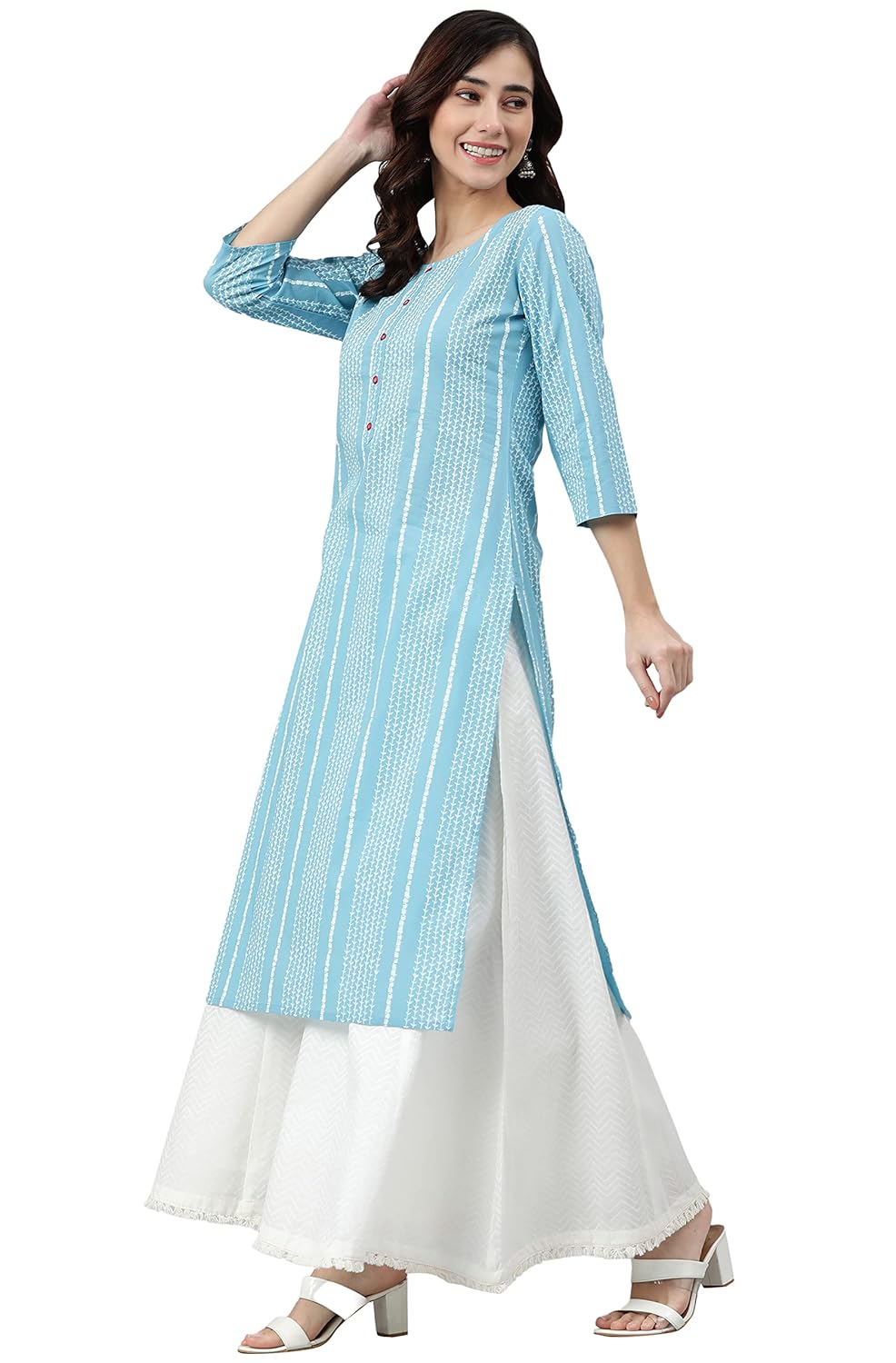 Janasya Women's Blue Cotton Striped Straight Kurta