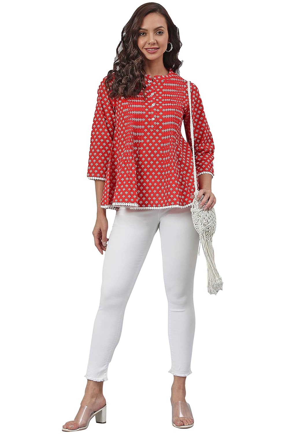 Janasya Women's Red Cotton Floral Print Flared Top