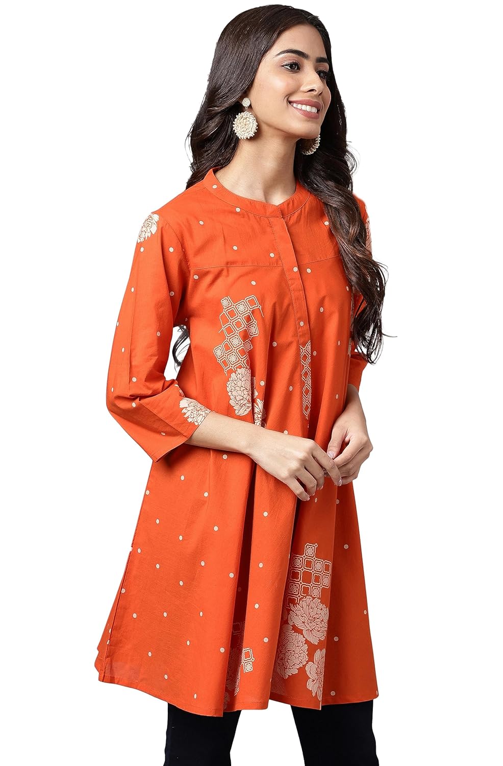 Janasya Women's Orange Cotton Floral Printed Flared Tunic